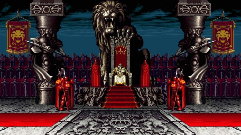video games, pixel art, pixels, digital art, throne, knight, lion, Samurai Shodown, Axe, statue, flag