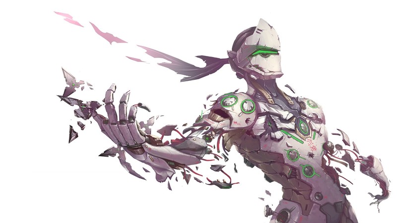 Overwatch, Genji (Overwatch), cyborg, simple background, video games, DubstepGutter