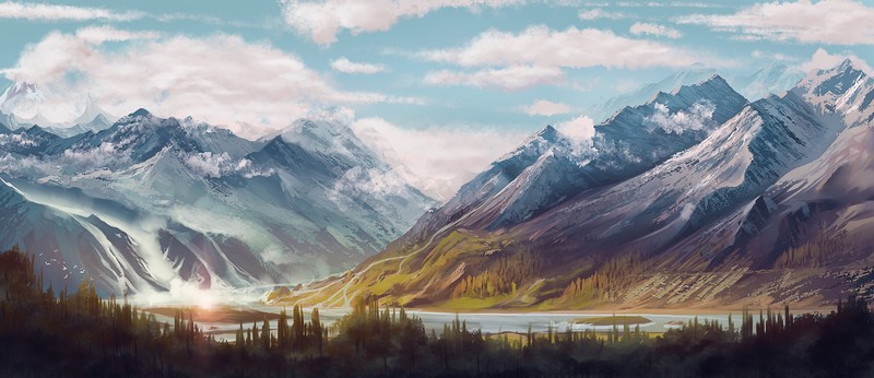 digital art, mountains, forest, clouds, river, sky, artwork