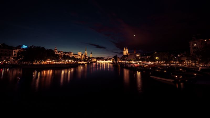 river, city, night, lights, reflection, dark, 4k