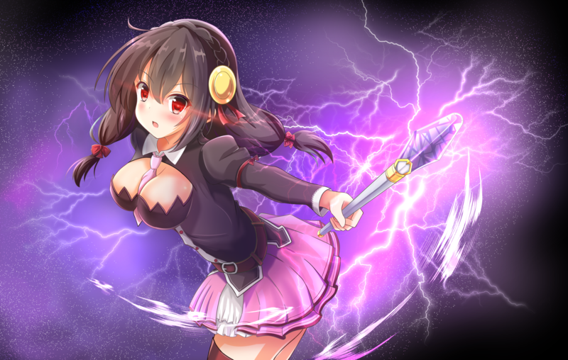 hair bows, red eyes, thigh-highs, Yunyun (Konosuba)