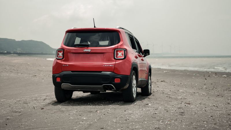 jeep renegade, jeep, suv, red, rear view, beach, off-road, 4k