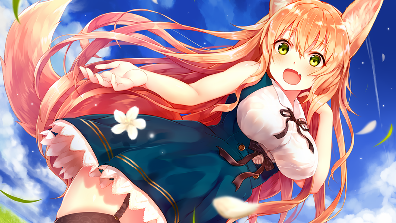 long hair, clouds, dress, ribbon, anime girls