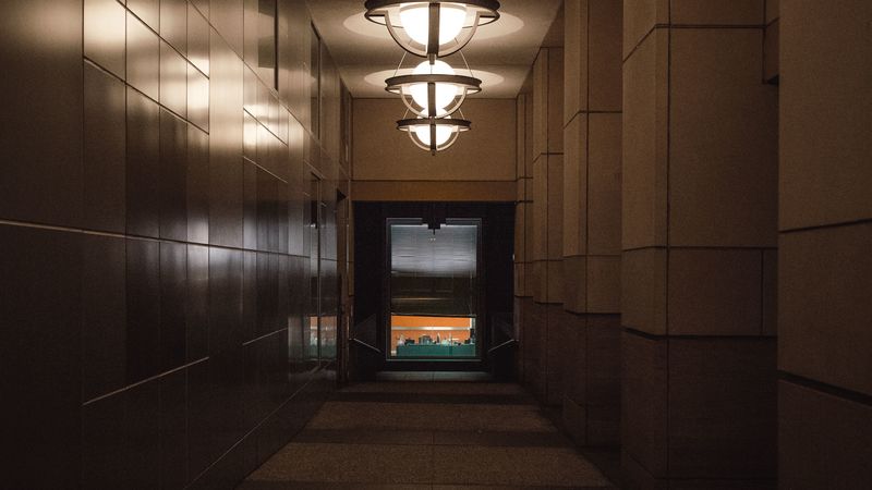 corridor, interior, chandeliers, light, design, 4k