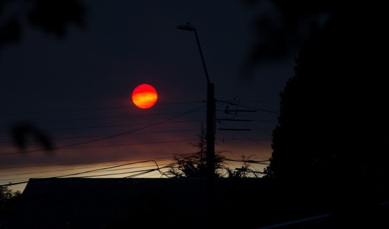 smoke, red sun, sunset, landscape, silhouette, dark