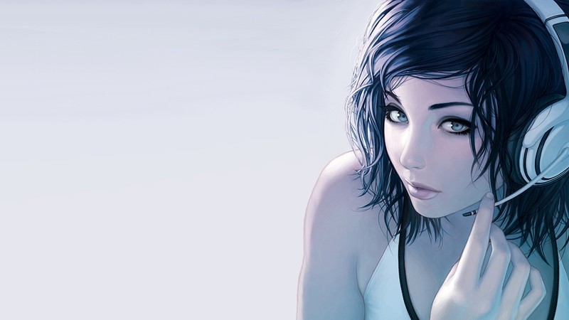 women, simple background, headphones, brunette, looking at viewer, digital art, artwork
