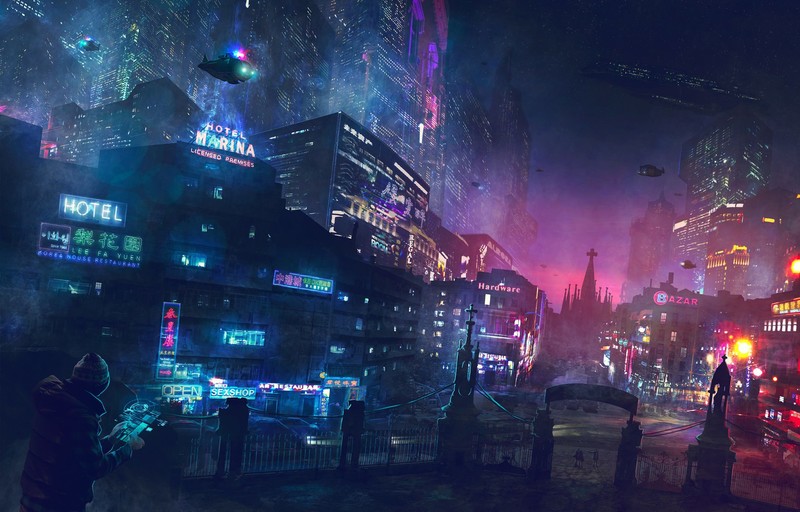 city, science fiction, cyberpunk, neon, hovercraft, cathedral, hotel, police, night