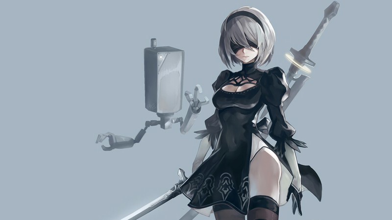 Nier: Automata, video games, digital art, artwork, women, thighs, thigh-highs, cleavage, 2B, NieR, katana, white hair, 2B (Nier: Automata)