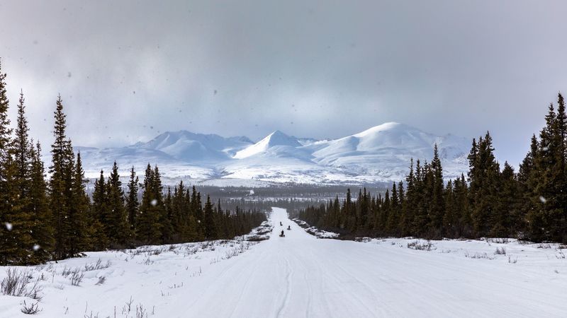 road, mountains, snow, trees, winter, landscape, 4k