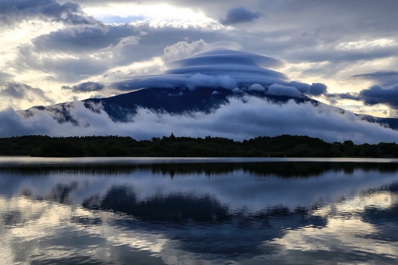 Mount Fuji, clouds, Japan, lake, reflection