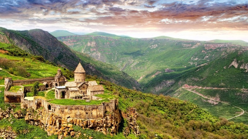nature, landscape, trees, forest, castle, monastery, Armenia, mountains, stones, valley, hills, clouds