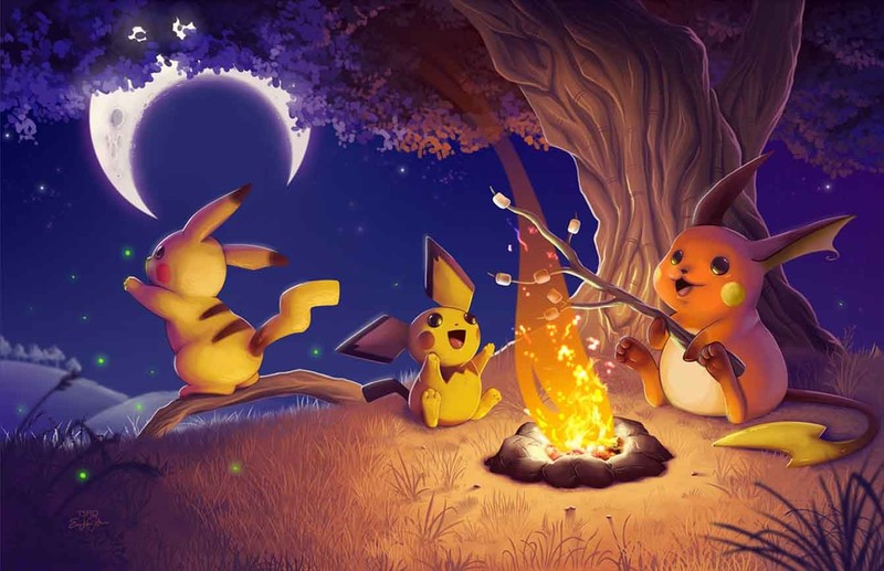gongon, Pokémon, Pikachu, Pichu, Raichu, campfire, night