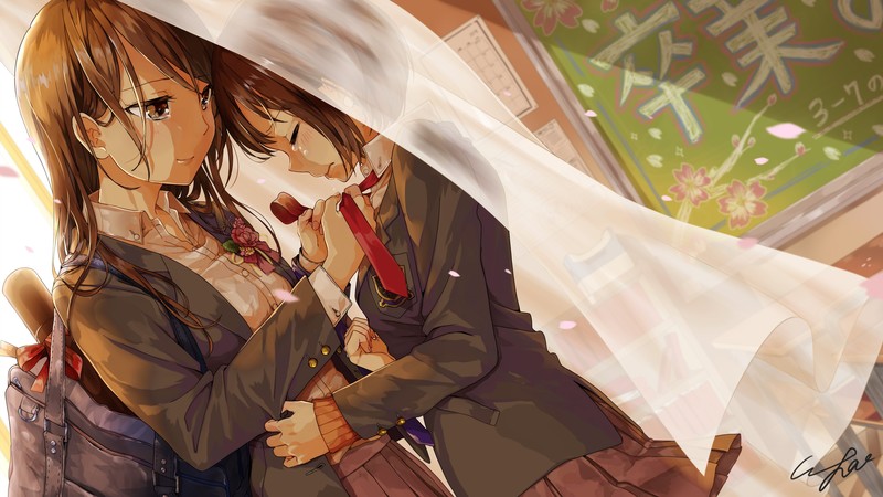 school uniform, schoolgirl, short hair, long hair, tears, backpacks, anime