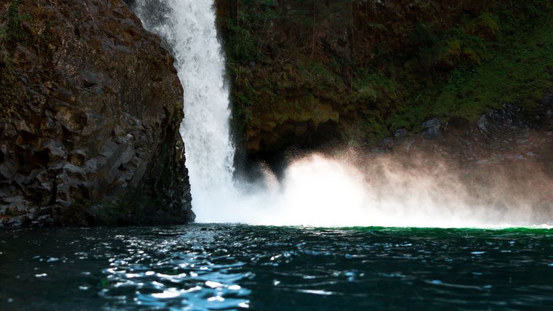 waterfall, rock, cliff, stone, water, spray, 4k