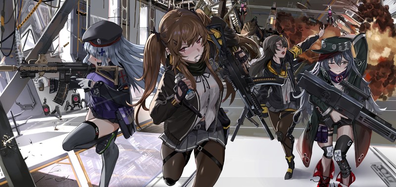 explosion, girls with guns, black stockings, long hair, pigtails, headdress, thigh-highs, skirt, weapon, hair ornament, stockings, open mouth, anime, gloves, Girls Frontline