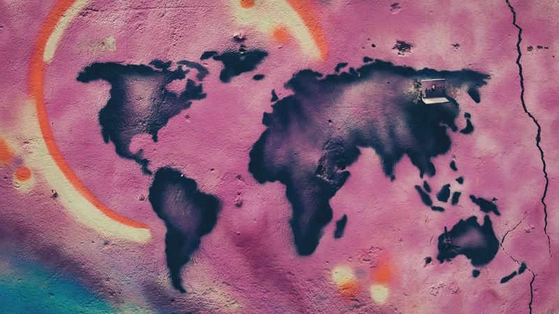 map, continents, graffiti, wall, paint, street art, 4k