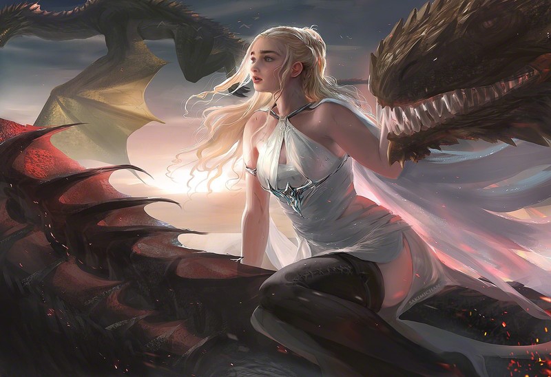 Game of Thrones, Daenerys Targaryen, tv series, fantasy art, digital art, artwork, Sakimichan, women, blonde, dragon, dress, thighs, thigh-highs, cleavage, blue eyes, white hair, A Song of Ice and Fire