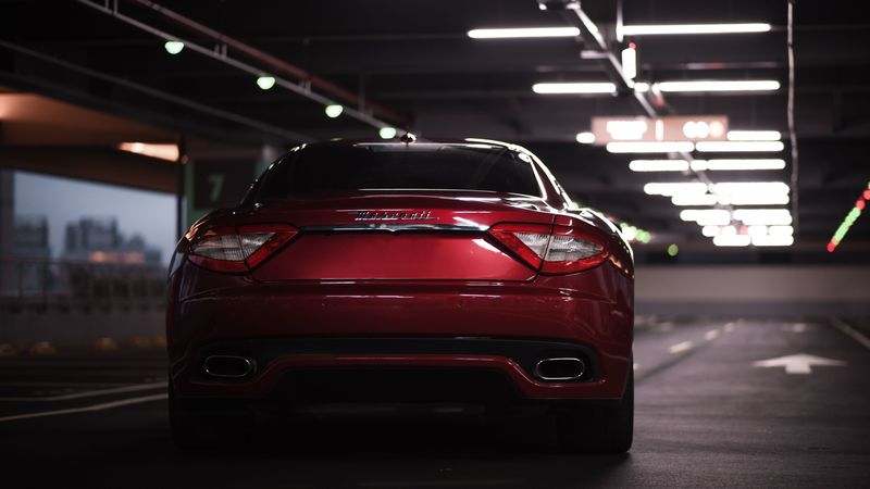 maserati granturismo, maserati, car, sportscar, red, rear view, parking, 4k