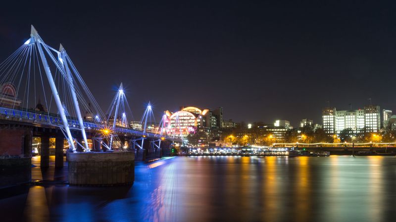 night city, bridge, river, architecture, lights, reflection, 4k