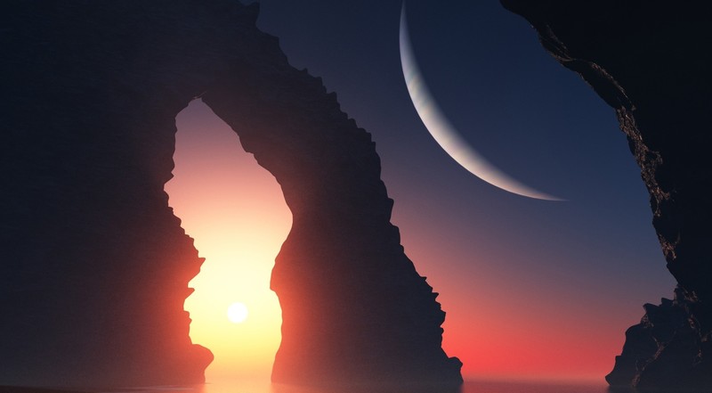 Sun, planet, sea, sky, science fiction, evening, shore, cliff, water, sunset, sunlight