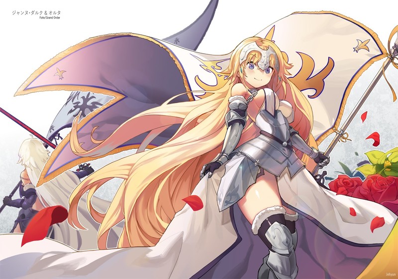 Fate/Grand Order, Jeanne dArc, Jeanne dArc alter, armor, weapon, spear, flowers, Fate Series