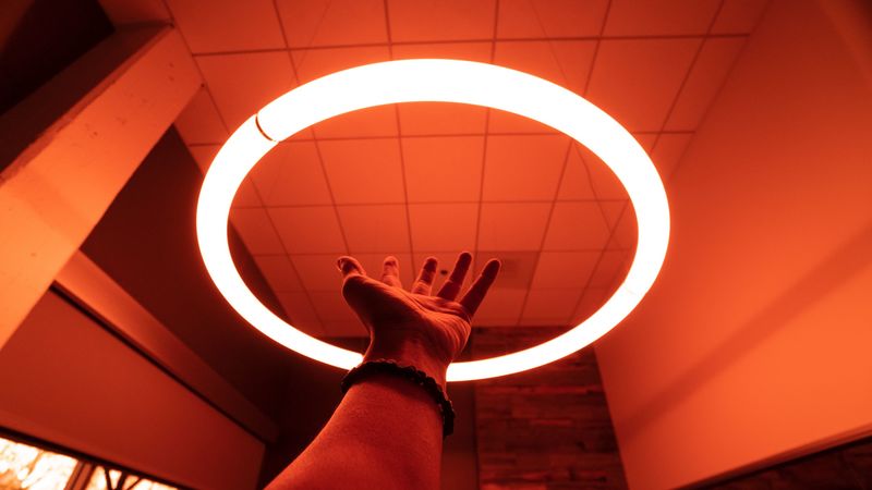 arm, neon, chandelier, circle, light, glow, 4k