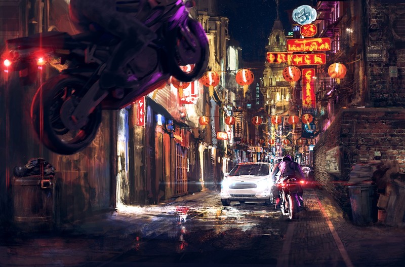 illustration, digital art, artwork, China, street, city, motorcycle