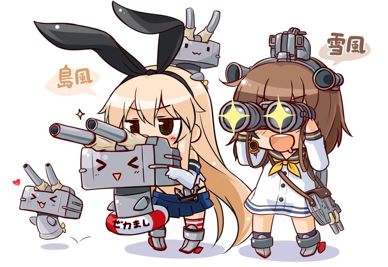 Shimakaze (Kancolle), Yukikaze (KanColle), bunny ears, blonde, long hair, gloves, hair ornament, open mouth, Rensouhou-chan, chibi, white background, Kantai Collection