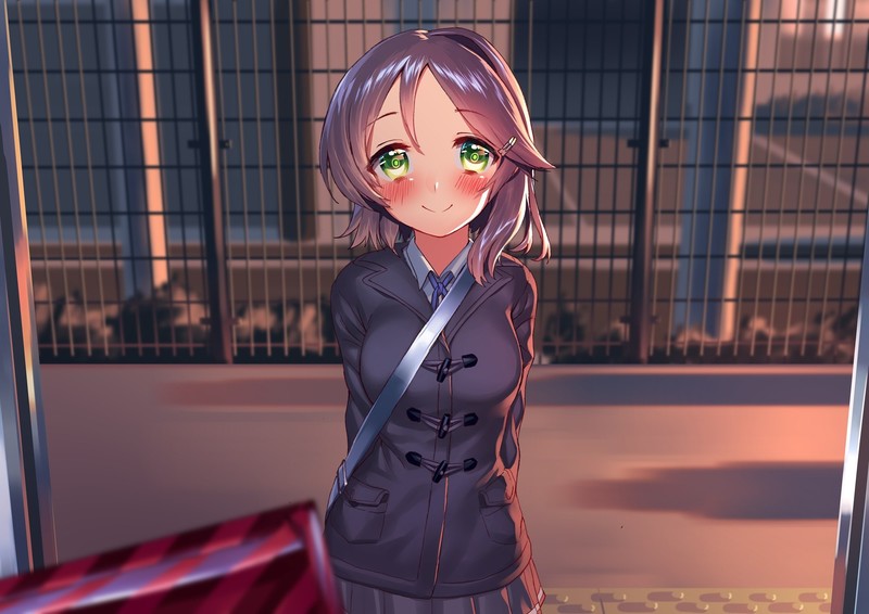 anime, schoolgirl, green eyes, short hair, blushing, smiling, sunlight, artwork