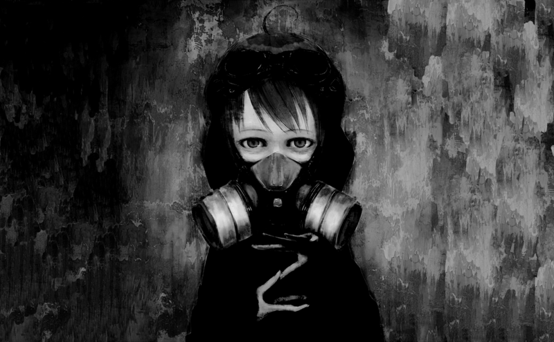 gas masks, children, anime, digital art, fantasy art, illustration, anime girls, artwork, black