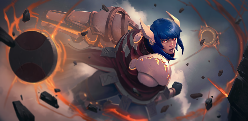 Battlerite, video games, artwork, digital art, looking at viewer, blue hair, science fiction, yellow eyes, warrior