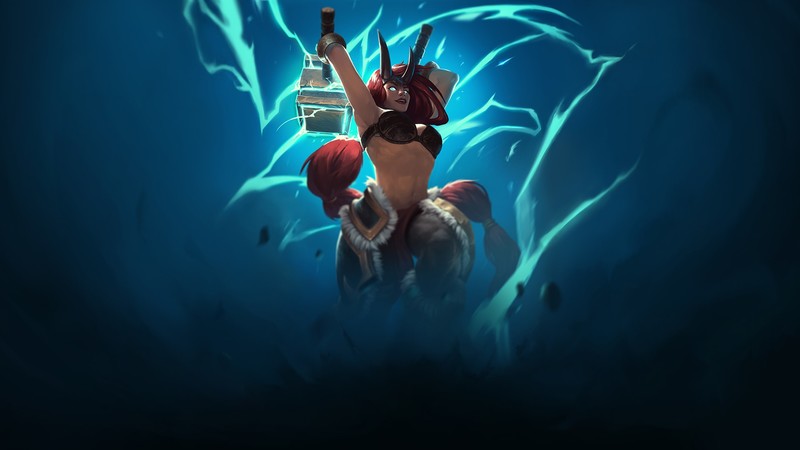 Battlerite, video games, artwork, digital art, fantasy art, women, looking at viewer, redhead, belly, blue eyes, hammer, Freya (Battlerite), turquoise