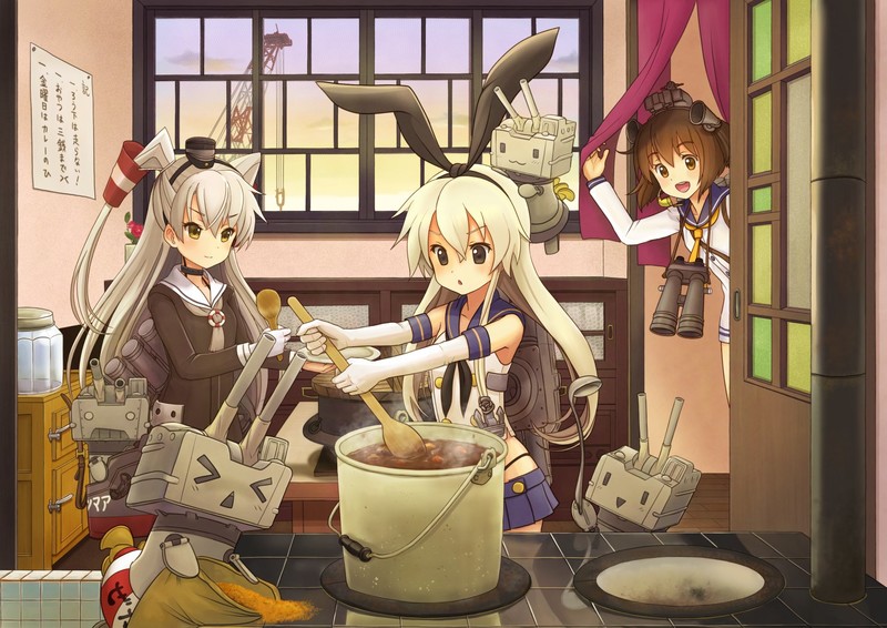 Shimakaze (Kancolle), Amatsukaze (Kancolle), Yukikaze (KanColle), Rensouhou-chan, Kantai Collection, hair ornament, bunny ears, open mouth, gloves, long hair, short hair, gray hair, blonde, yellow eyes, kitchen