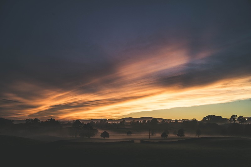 landscape, nature, UK, sky, clouds, trees, mist