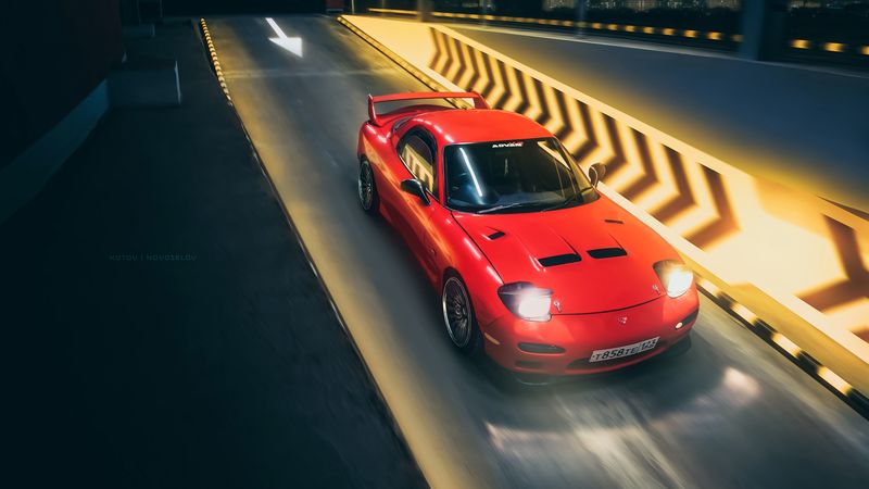 mazda rx-7, mazda, sportscar, red, track, night, speed, 4k