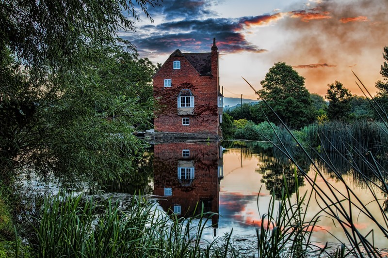 house, landscape, building, reflection, water