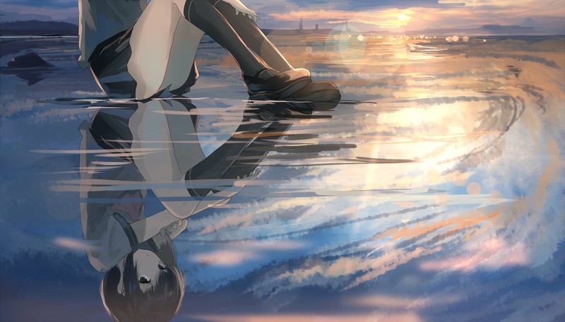 reflection, school uniform, clouds, water, anime girls