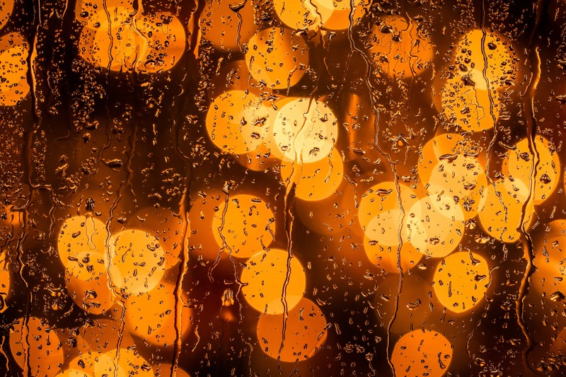 rain, macro, bokeh, water on glass, orange, water drops