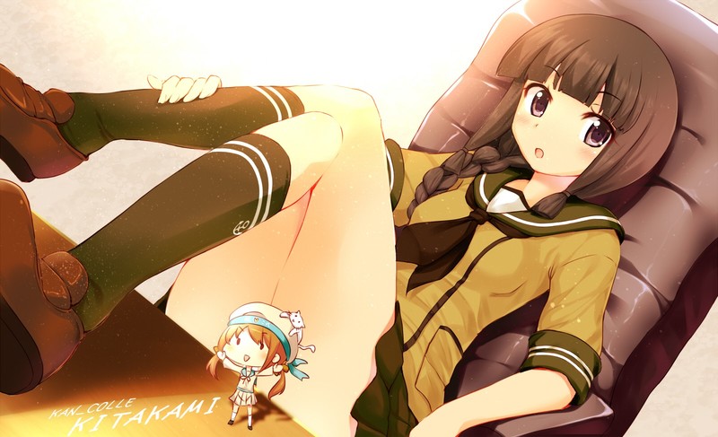 Kantai Collection, chibi, open mouth, school uniform, short hair, legs crossed, thigh-highs, sitting