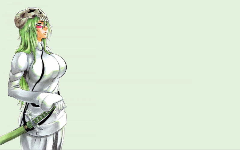 Bleach, anime, big boobs, green hair, simple background, fantasy girl, skull, boobs, anime girls