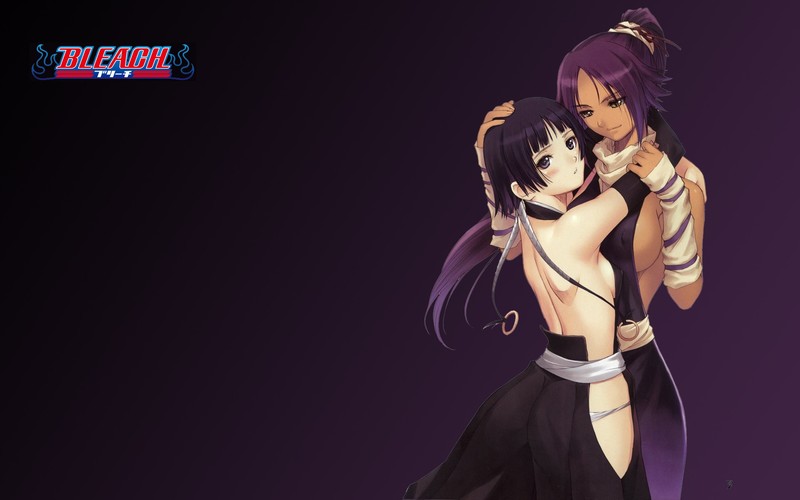 Bleach, anime, anime girls, back, purple hair, purple background