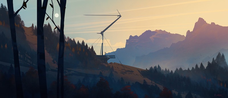 landscape, digital art, minimalism, illustration, fan art, mountains, Bastien Grivet