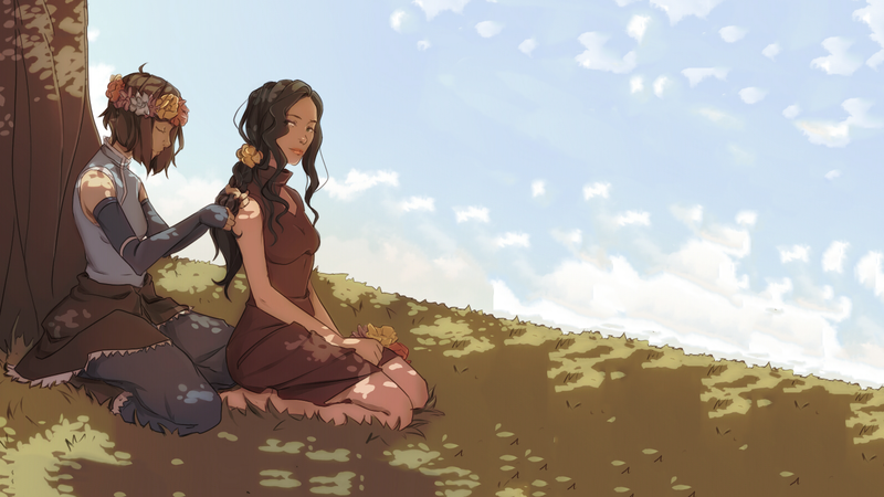 Avatar, anime, anime girls, kneeling, closed eyes, long hair, flower in hair