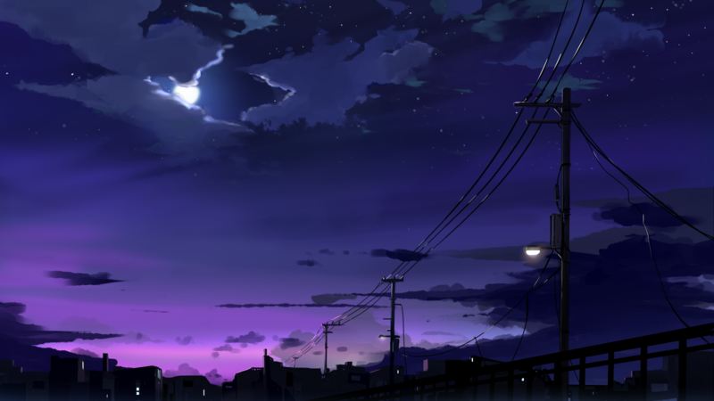 night, digital art, anime, sky, Moon, urban, dark, power lines