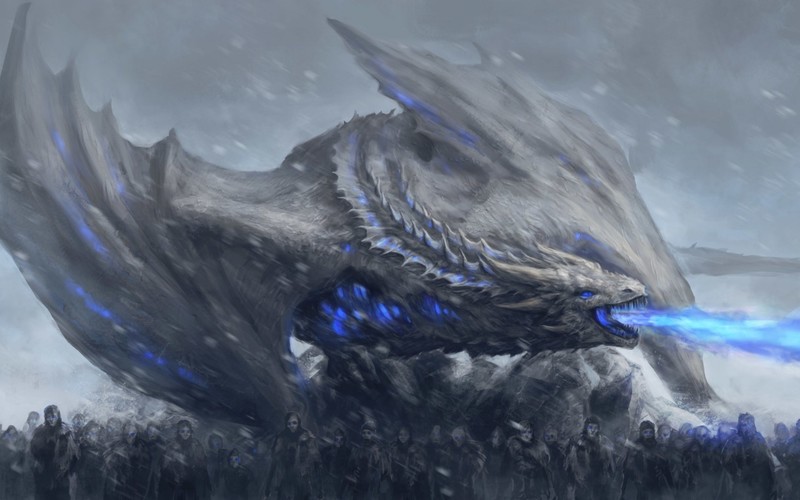 Game of Thrones, White Walker, dragon, zombies, artwork, fantasy art, fire, blue flames, cyan