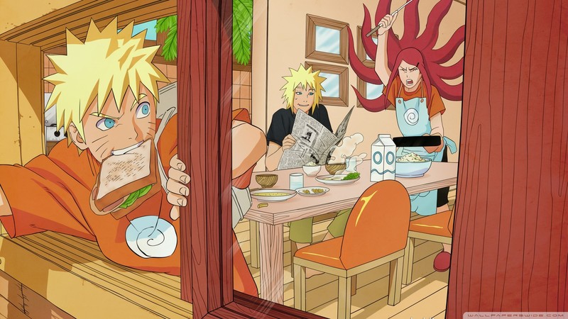 anime, Naruto Shippuuden, anime boys, anime girls, sandwich, food, newspapers, window
