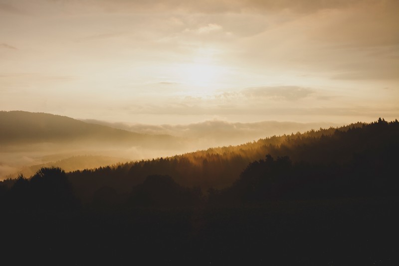 Sydney, hills, sunset, mist, clouds, landscape