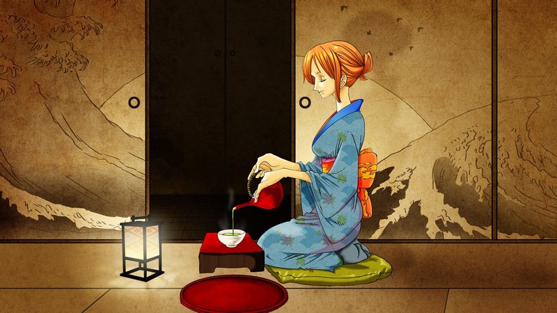 One Piece, anime, anime girls, tea, kimono, kneeling, Asia
