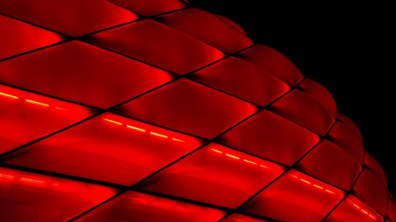 building, facade, red, backlight, mesh, architecture, 4k