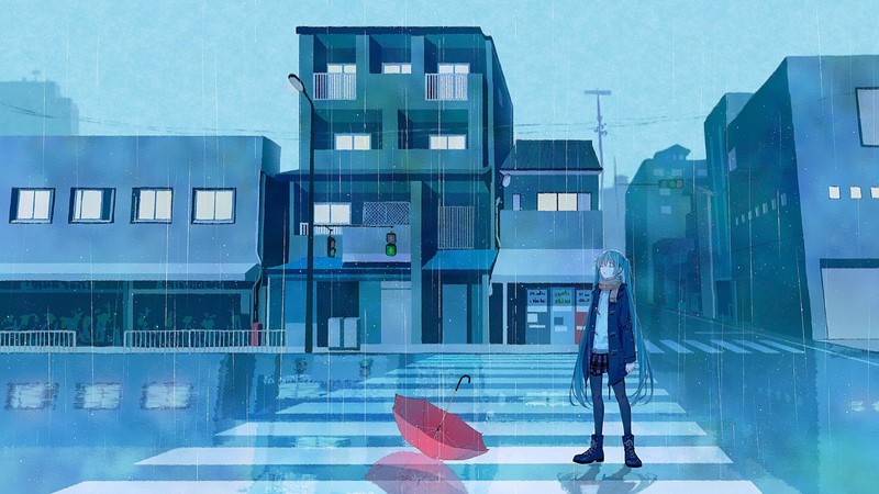 Hatsune Miku, Vocaloid, rain, blue hair, sky, city, stockings, skirt, scarf, umbrella, road, closed eyes